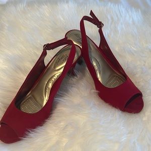 Red suede sling back heels